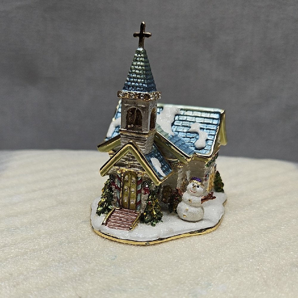 Nobility Jeweled Enameled Winter Church Snowman Trinket Box 3897
